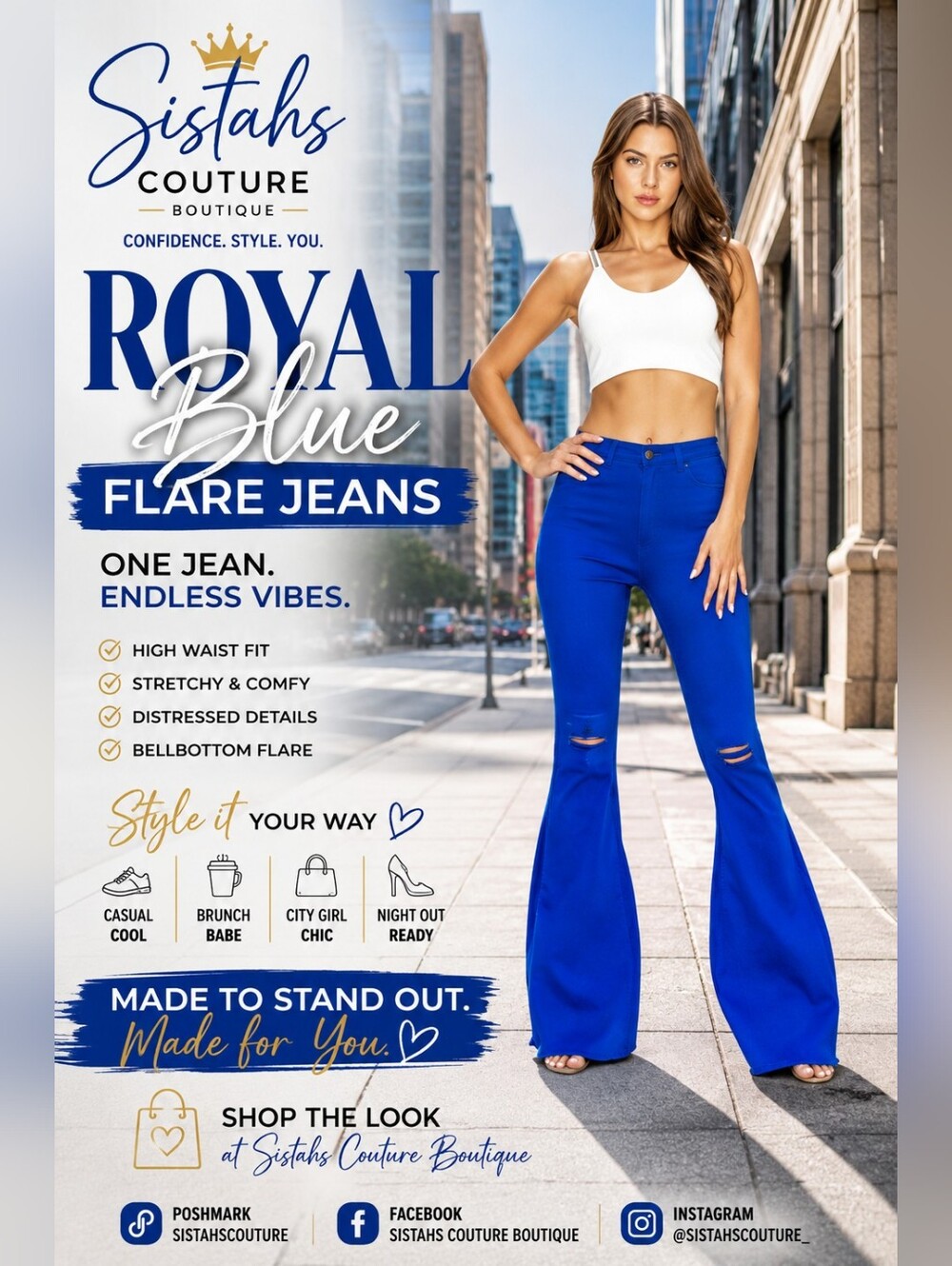 Royal Blue Bellbottom Jeans 💙 | Stretchy Distressed Flare Denim